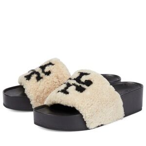 NWOT Tory Burch Double T Black and Cream Shearling Sandals